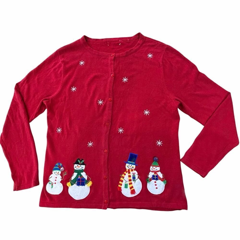 Croft & Barrow Size Medium Red Ugly Christmas Sweater Snowman Holiday Cardigan
